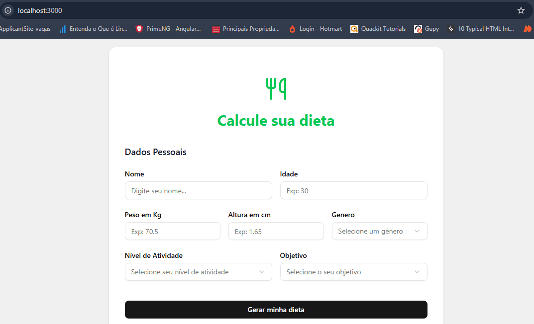 Interface do Dieta Project mostrando formulário de cálculo de dieta